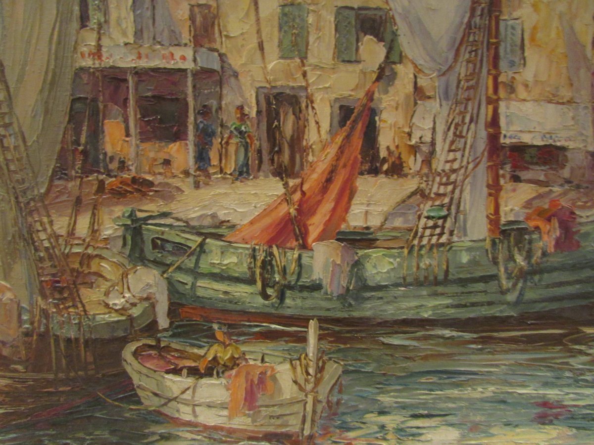 Old Large Oil Painting On Canvas Marine Port Provencal Raoul About Twentieth-photo-4