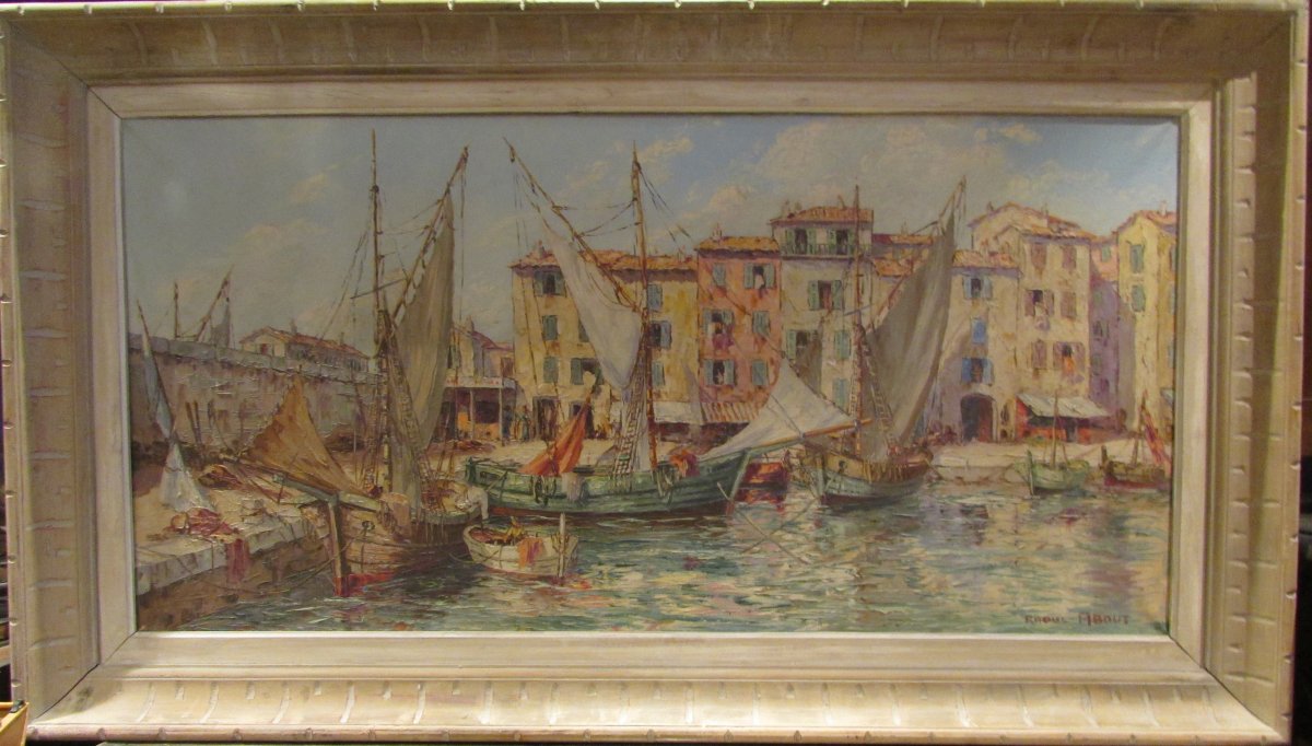 Ancien Grand Tableau Huile Sur Toile Marine Port Provencal Raoul About  XXe