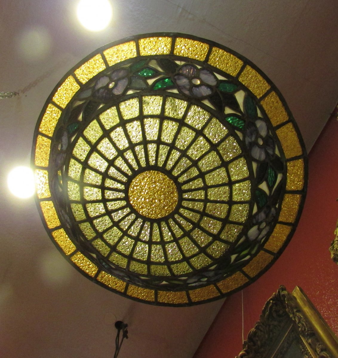 Old Chandelier Epoque 1900 Art Nouveau Stained Glass Stained Glass Style Tyffany Cup Ceiling Light-photo-3