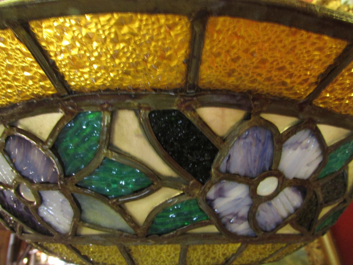 Old Chandelier Epoque 1900 Art Nouveau Stained Glass Stained Glass Style Tyffany Cup Ceiling Light-photo-1