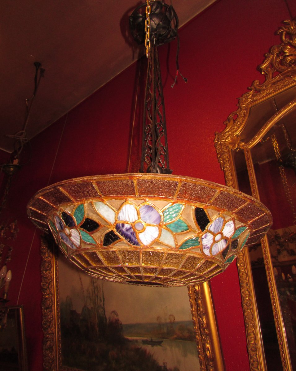 Old Chandelier Epoque 1900 Art Nouveau Stained Glass Stained Glass Style Tyffany Cup Ceiling Light