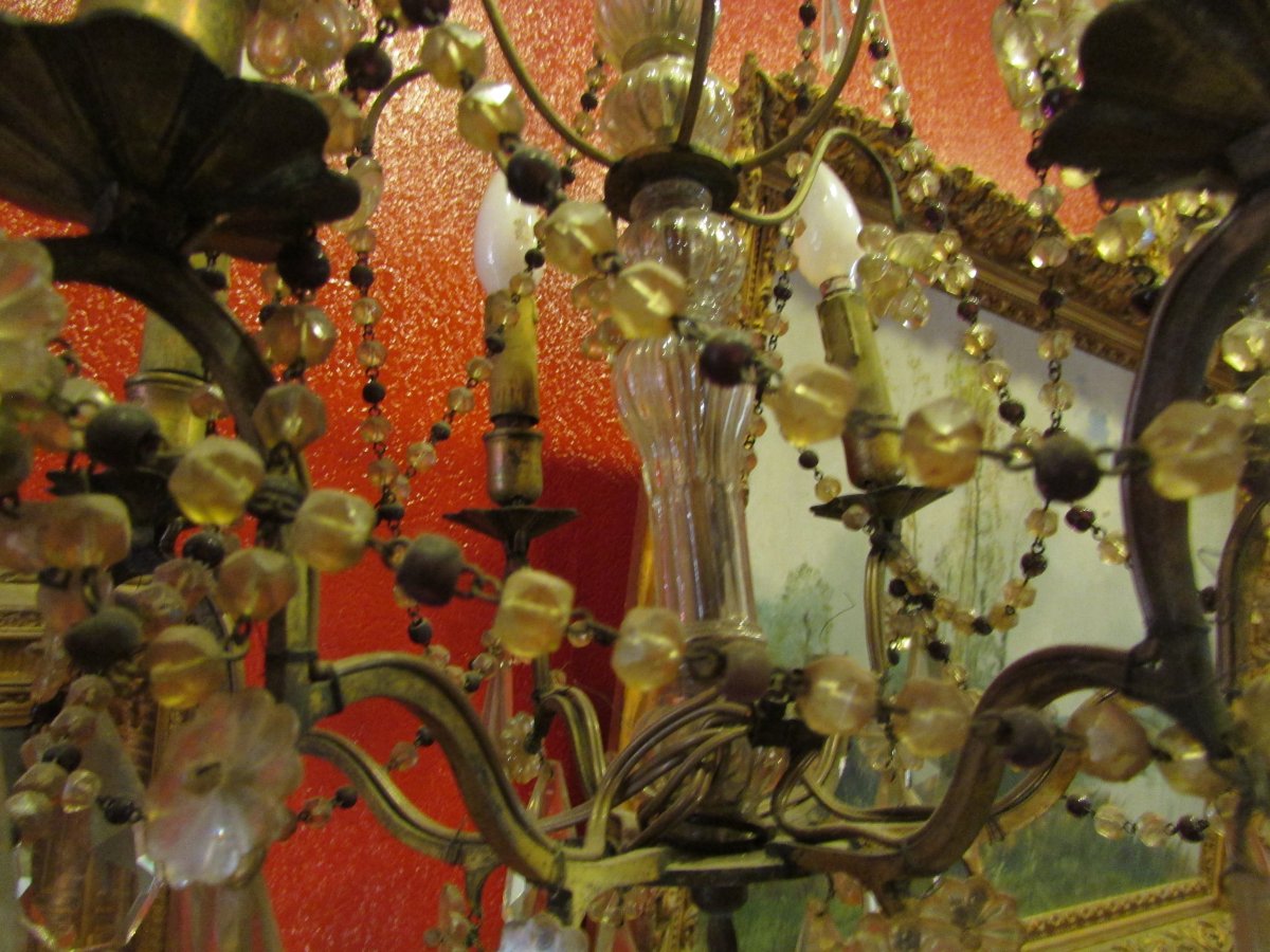 Old Chandelier With Pendants Epoque Nineteenth Louis XVI Style Marie Antoinette Beads Garlands-photo-1