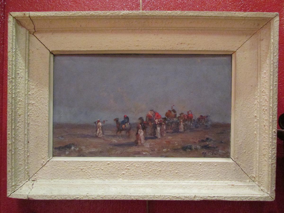 Orientalist Painting Oil On Panel Signed Caravan Du Desert Era By 1930 Touareg-photo-2