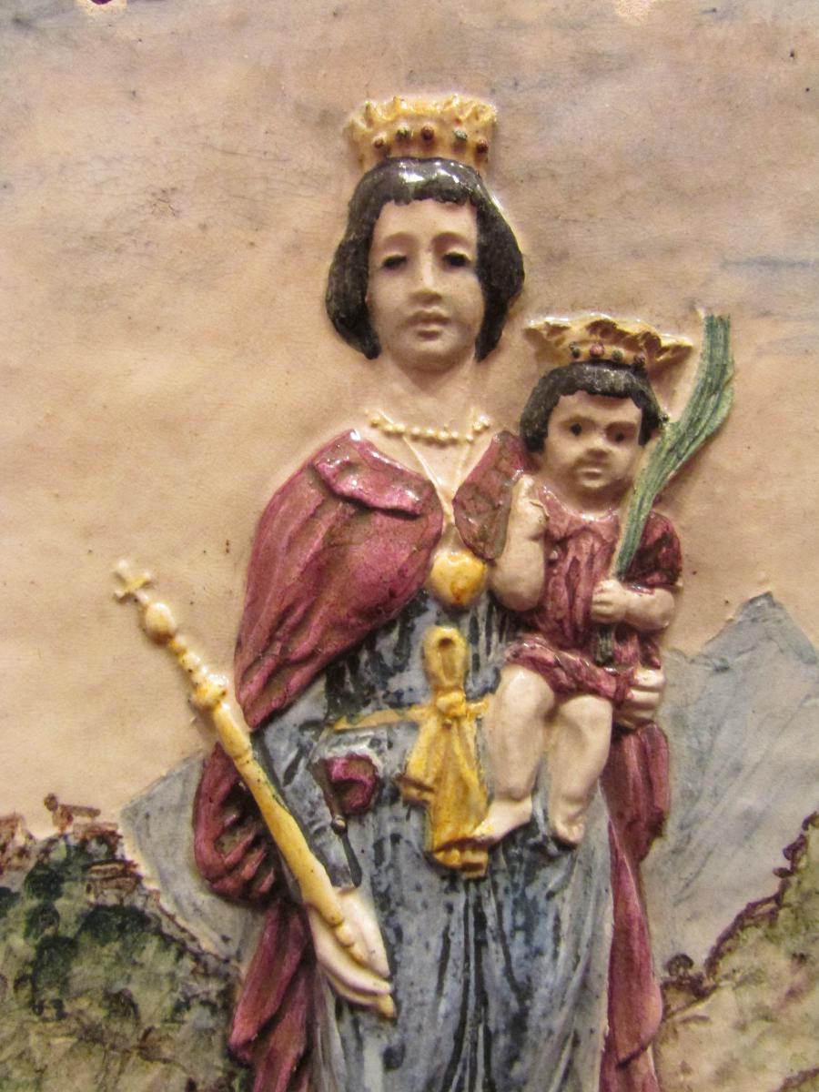 Ancienne Plaque Faience Notre Dame Liberatrice Salins Les Bains Jura Signée Max Claudet  1889-photo-2