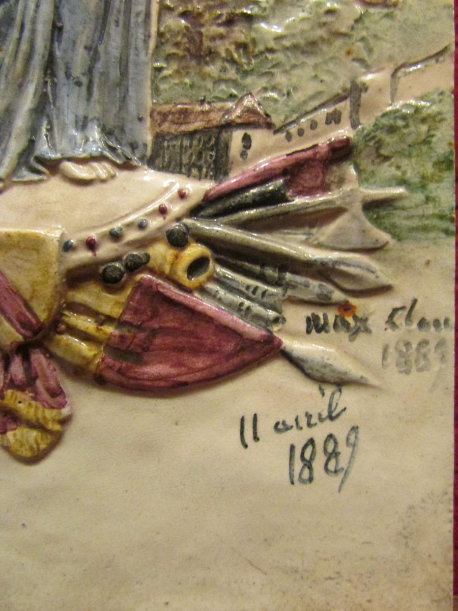 Ancienne Plaque Faience Notre Dame Liberatrice Salins Les Bains Jura Signée Max Claudet  1889-photo-3