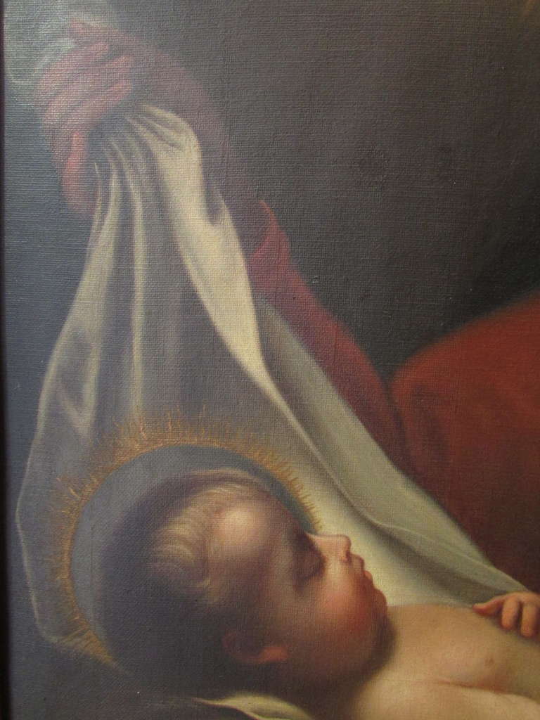 Ancien Tableau XIXeme Ecole Italienne Vierge A l'Enfant Madone Huile Sur Toile -photo-3