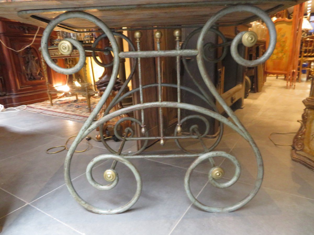 Old Butcher's Table In Wrought Iron And Brass Terrace Epok 1900-photo-2