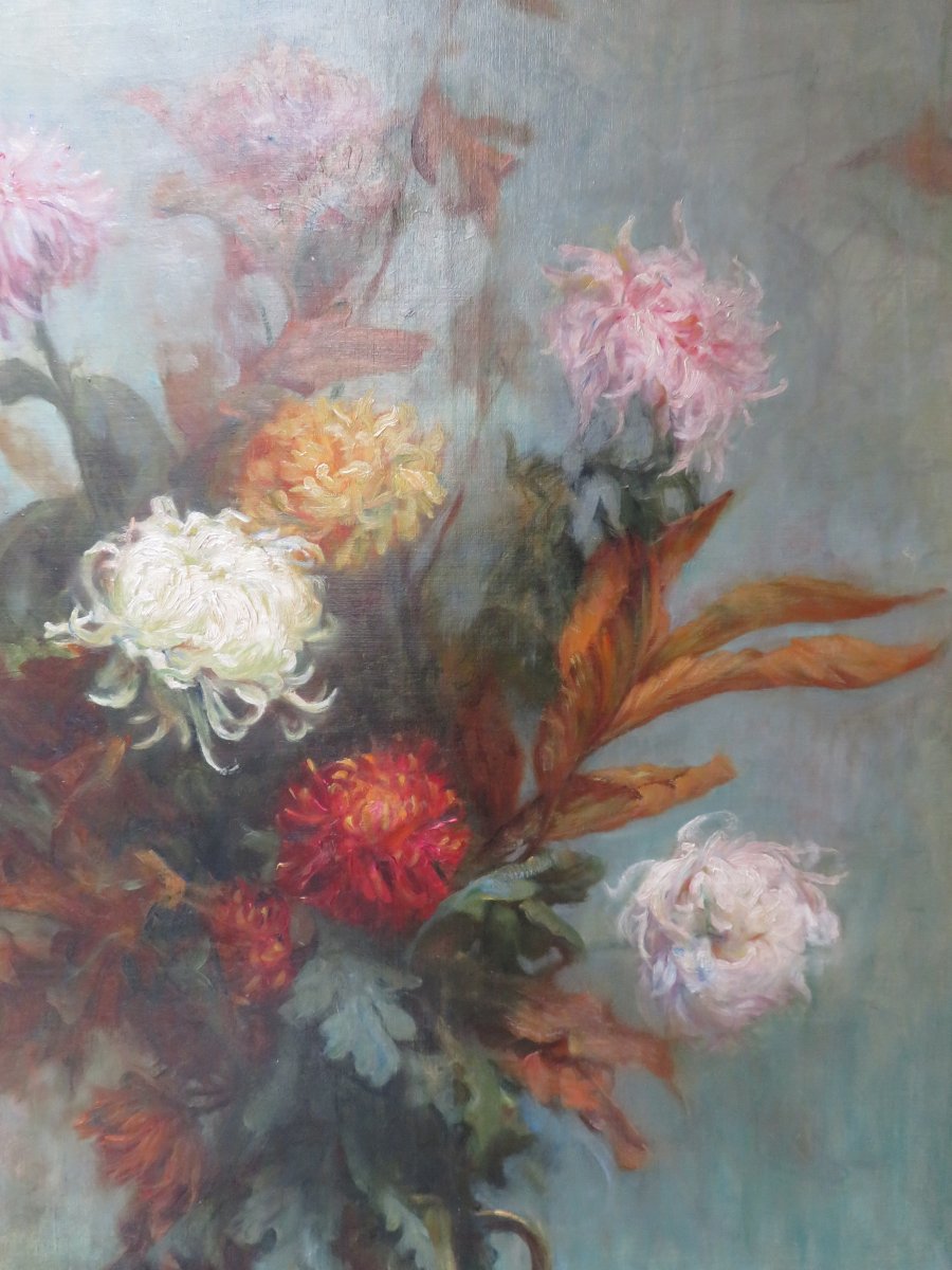 Large Table Oil On Canvas 1900 Period Still Life Bouquet Of Flowers Entablature Lyon School-photo-2