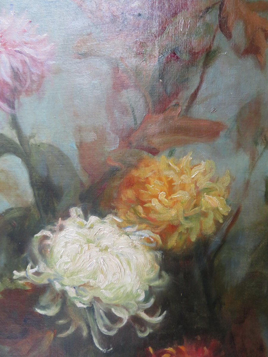 Large Table Oil On Canvas 1900 Period Still Life Bouquet Of Flowers Entablature Lyon School-photo-3