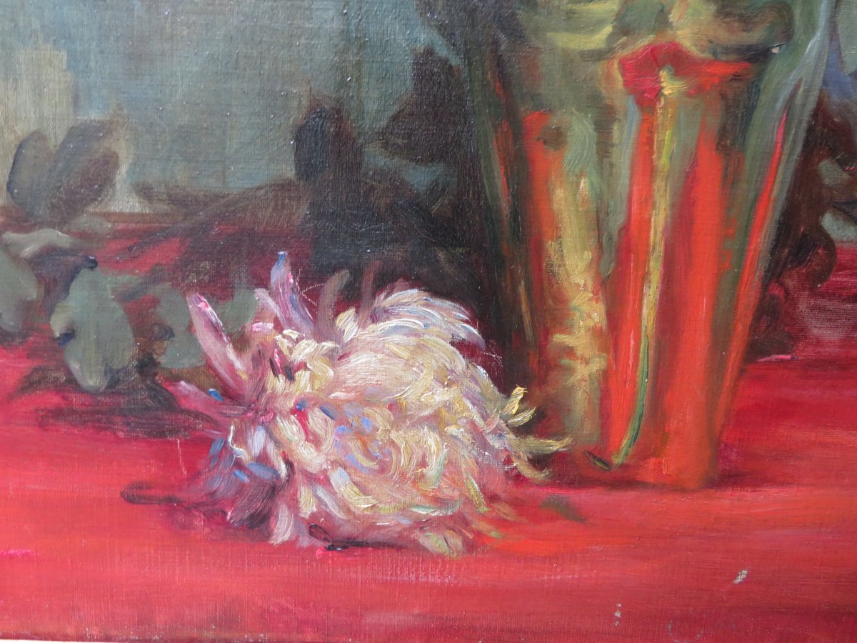 Large Table Oil On Canvas 1900 Period Still Life Bouquet Of Flowers Entablature Lyon School-photo-4