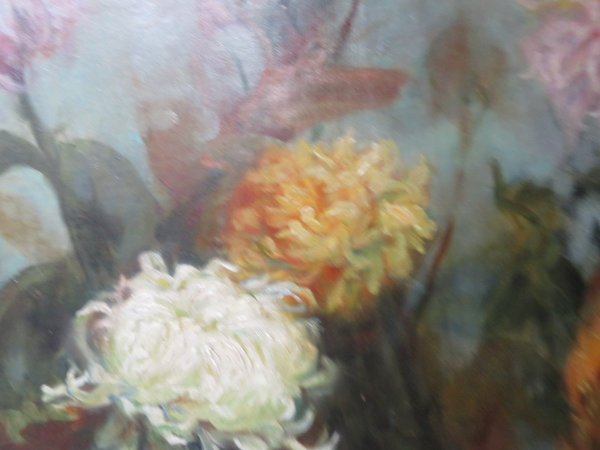 Large Table Oil On Canvas 1900 Period Still Life Bouquet Of Flowers Entablature Lyon School-photo-1