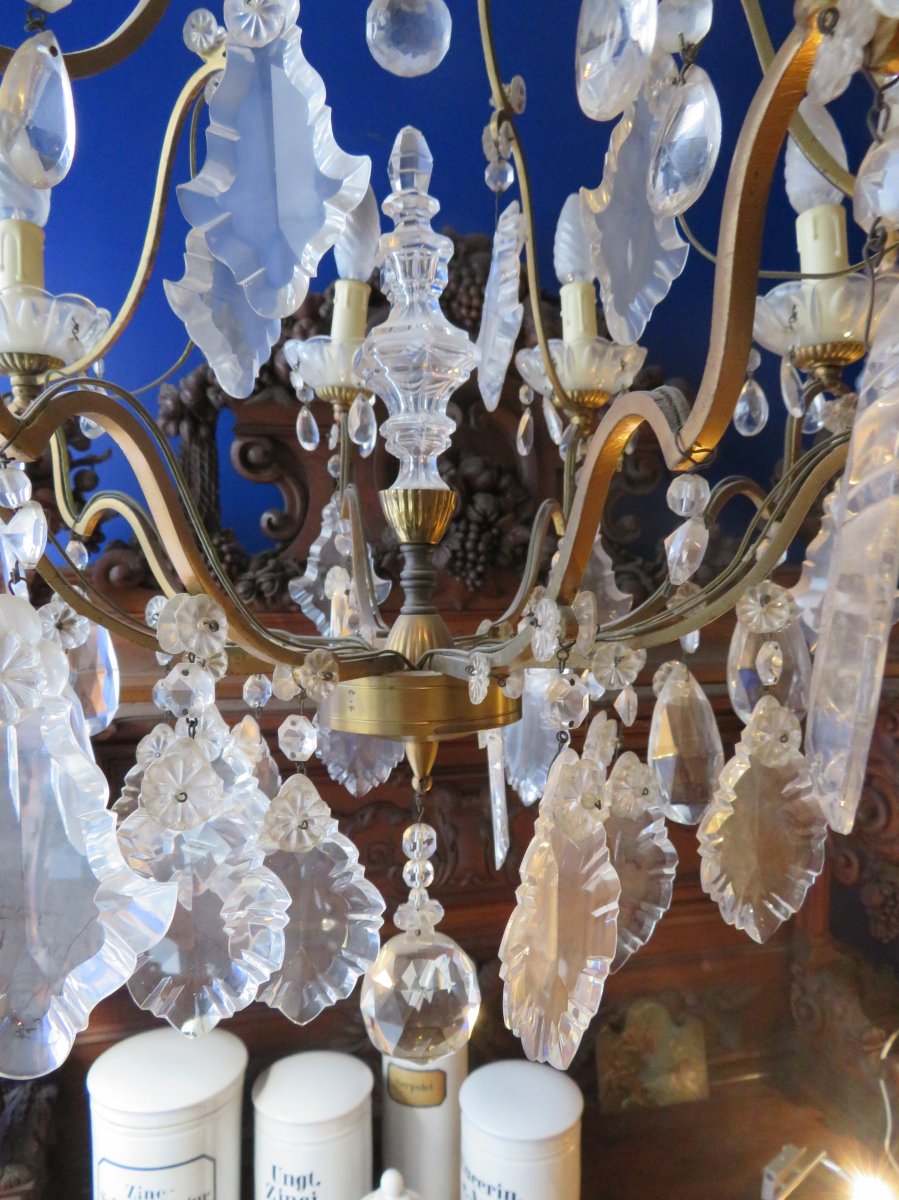 Old Large Chandelier With Cage Pampilles In Bronze And Glass Plates Epoque 1940-photo-3