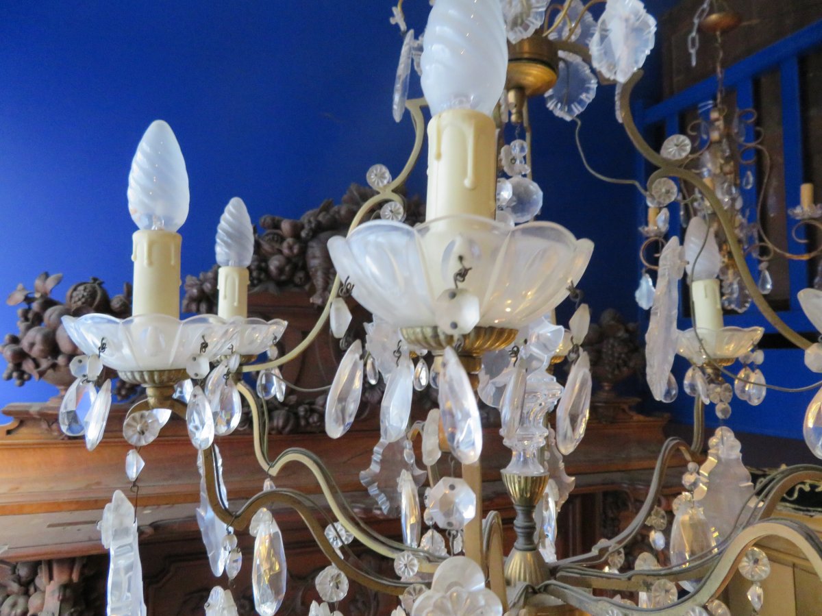 Old Large Chandelier With Cage Pampilles In Bronze And Glass Plates Epoque 1940-photo-4