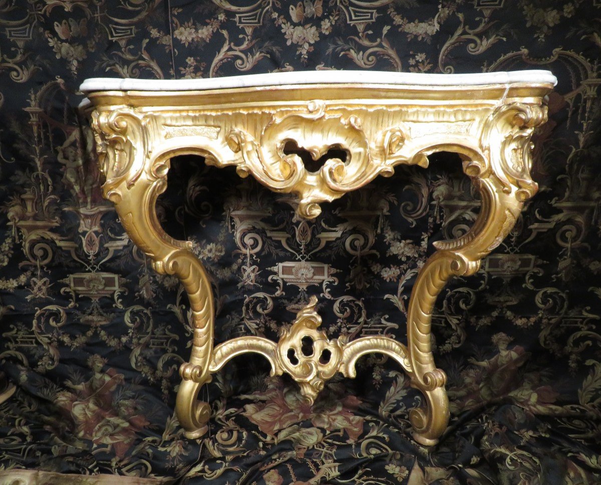 Old Console In Golden Wood Mid 19th Century Louis XV Rocaille Style