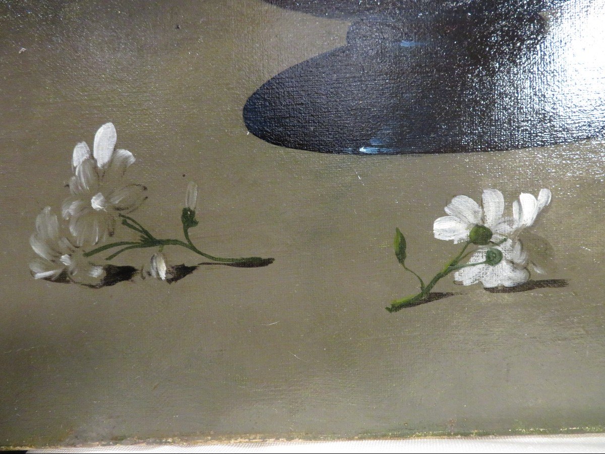 Ancien Tableau Huile Sur Toile Par G Ribot Bouquet De Fleurs Dans Un Vase Vers 1910 -photo-3