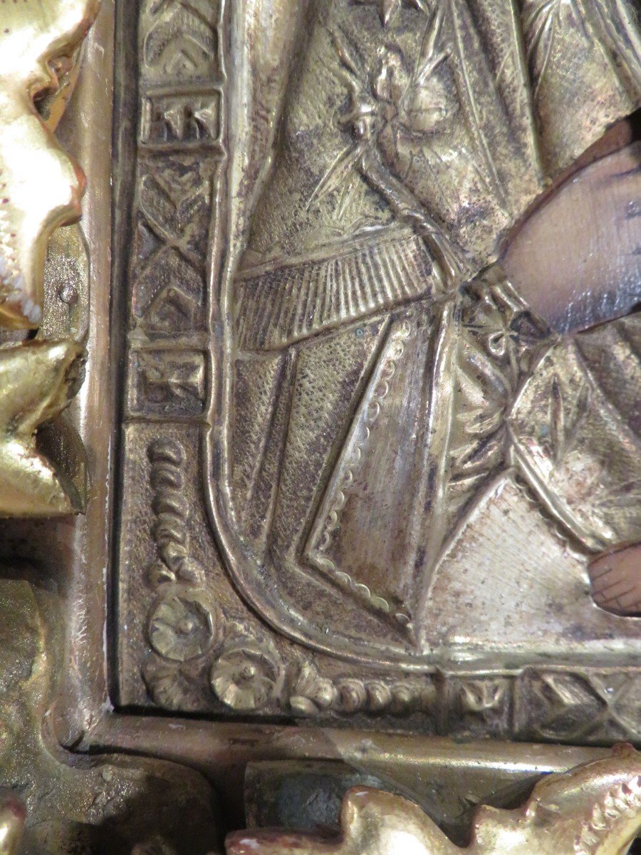 Ancienne Icone Russe  Russie XIXe Bois Doré Et Vermeil Dans Son Coffret Vierge A L Enfant-photo-3