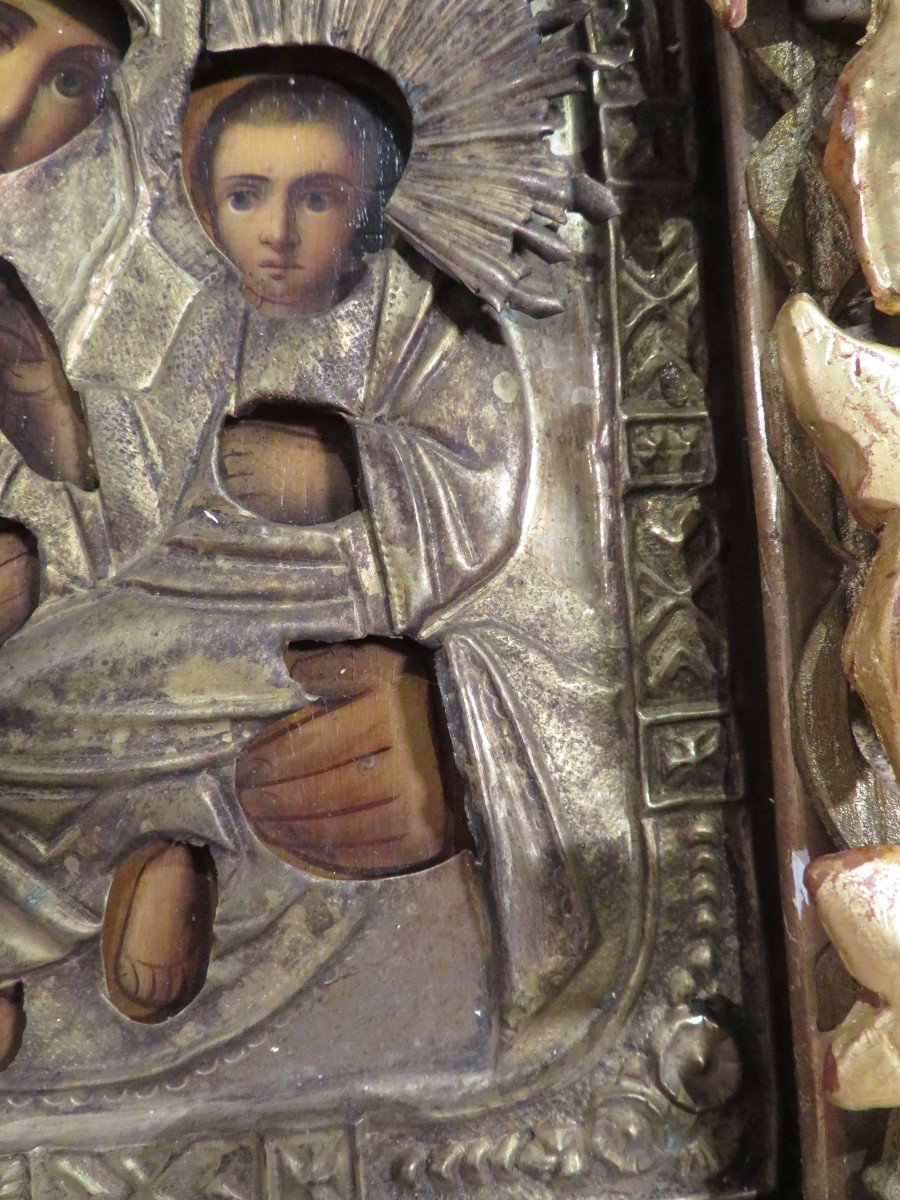 Ancienne Icone Russe  Russie XIXe Bois Doré Et Vermeil Dans Son Coffret Vierge A L Enfant-photo-4