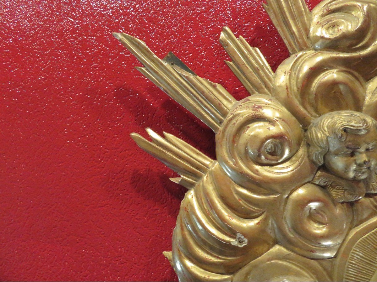Gloire Soleil Bois Doré Epoque XVII-xviiie Fronton Autel Chapelle Anges Angelot Putti Religieux-photo-3