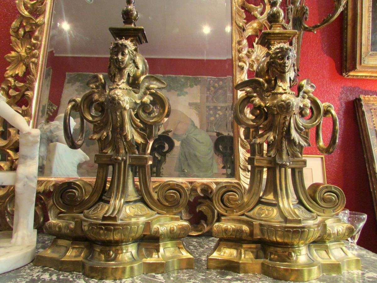 Old Pair Of Fireplace Andirons Barre De XIX Eme Napoleon III Gilt Bronze