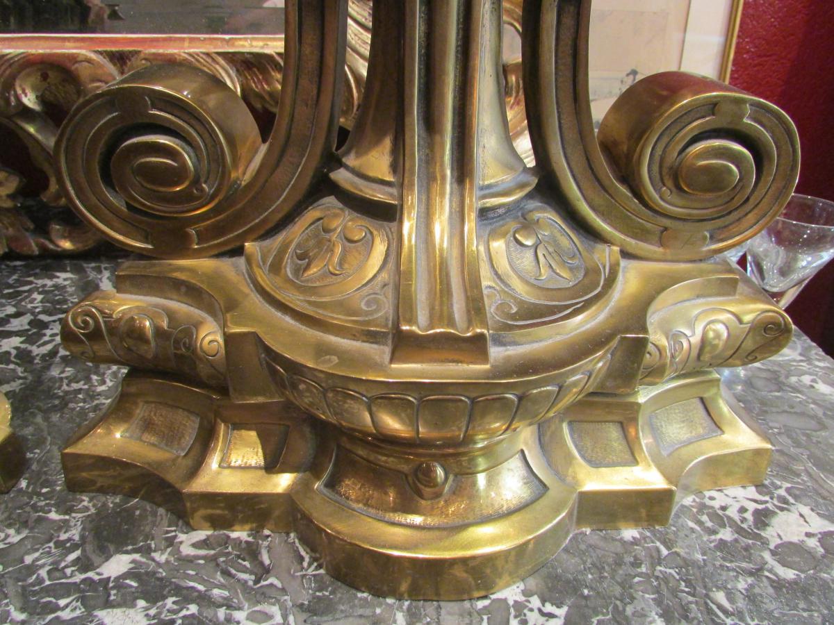 Old Pair Of Fireplace Andirons Barre De XIX Eme Napoleon III Gilt Bronze-photo-1