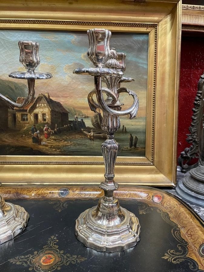 Old Pair Of Candlesticks Louis XV Period Candlesticks Eighteenth In Silver Metal Rocaille-photo-4