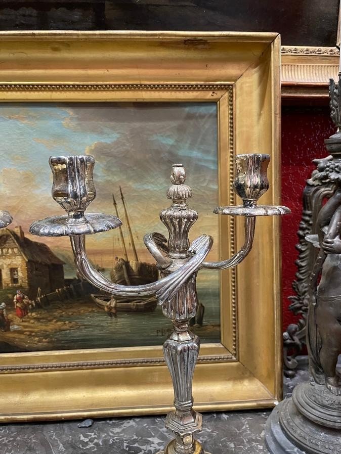 Ancienne Paire De Chandeliers Bougeoirs  Epoque Louis XV  XVIIIe En Metal Argenté Rocaille-photo-1