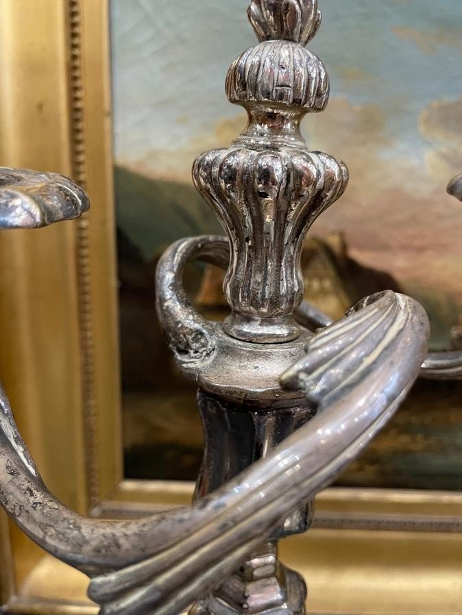 Old Pair Of Candlesticks Louis XV Period Candlesticks Eighteenth In Silver Metal Rocaille-photo-2