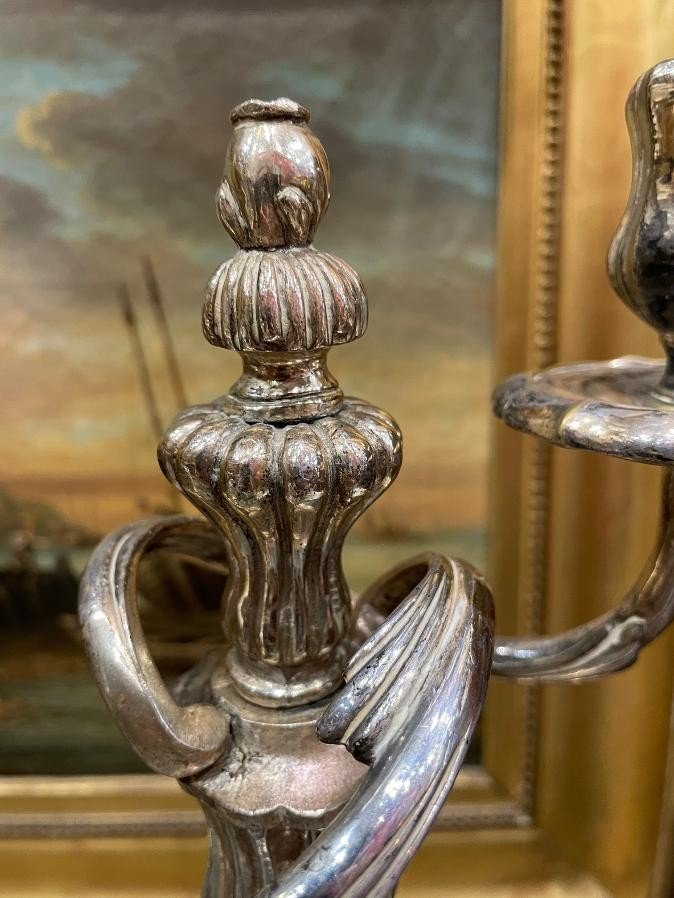 Ancienne Paire De Chandeliers Bougeoirs  Epoque Louis XV  XVIIIe En Metal Argenté Rocaille-photo-3