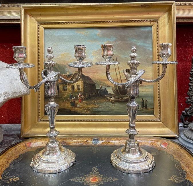 Ancienne Paire De Chandeliers Bougeoirs  Epoque Louis XV  XVIIIe En Metal Argenté Rocaille