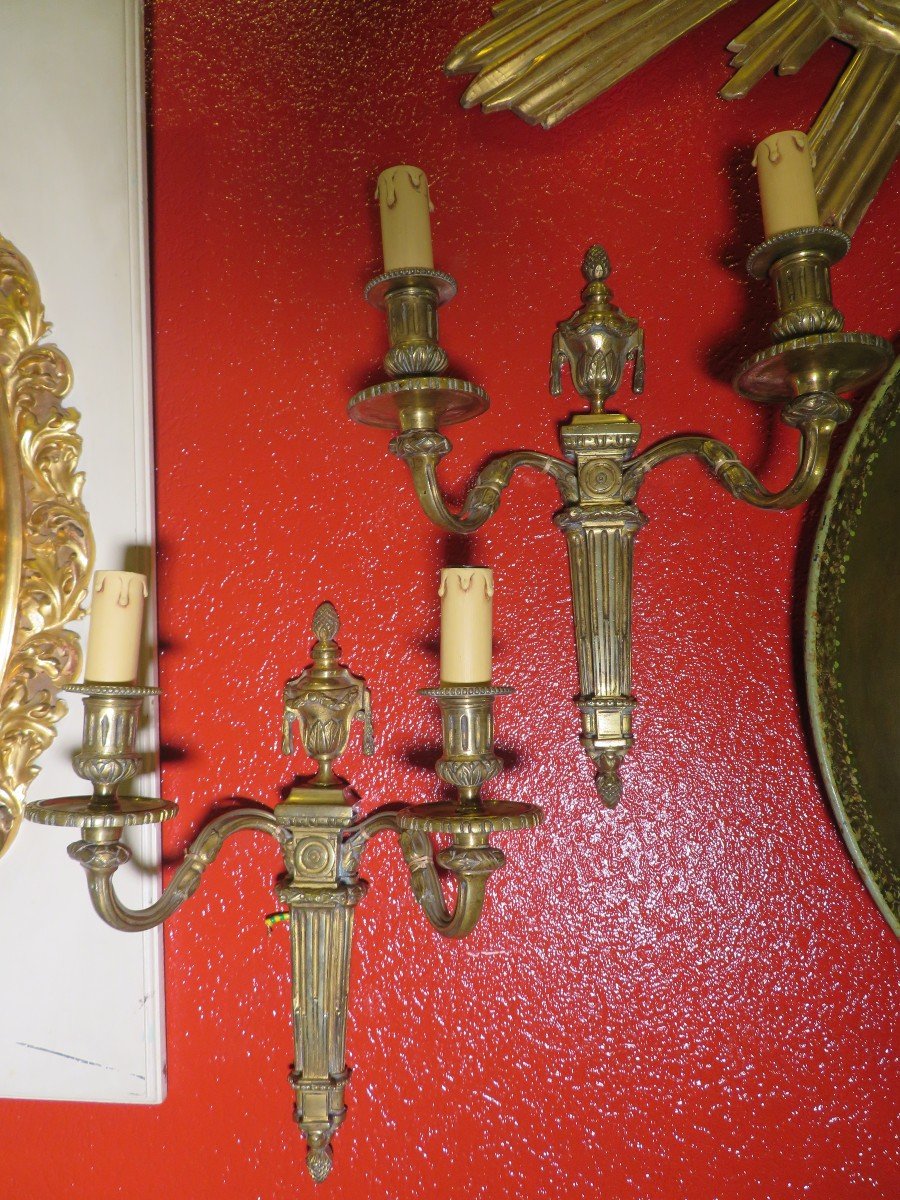 Large Pair Of Lxvi Eighteenth Period Sconces In Gilt Bronze With Two Fires Cassolettes Decor