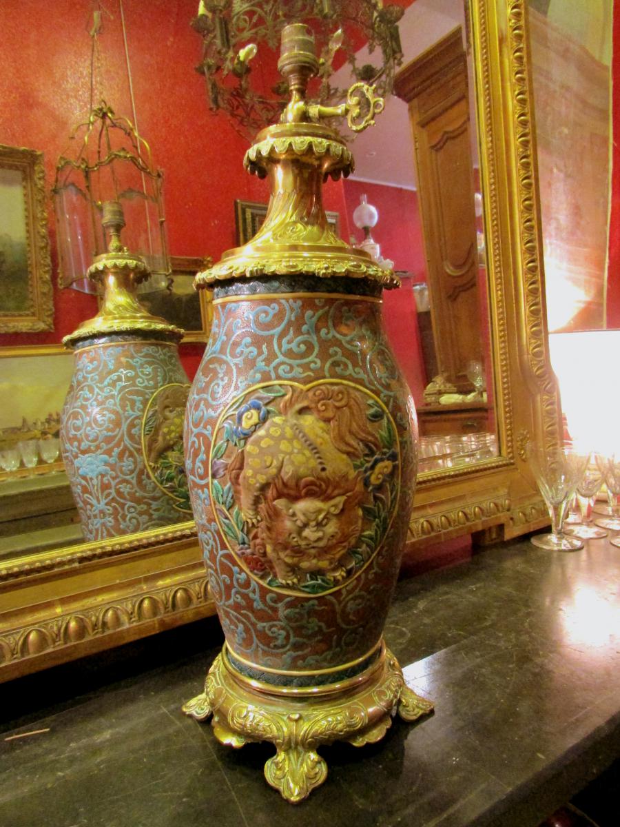 Grand Vase Japonais Fin XIXeme Monté Lampe Bronze Doré Decor Emaillé Lion 