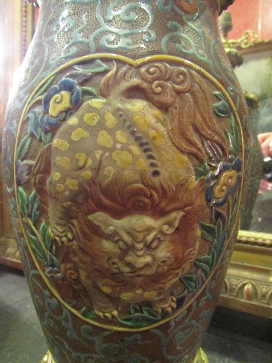 Grand Vase Japonais Fin XIXeme Monté Lampe Bronze Doré Decor Emaillé Lion -photo-2
