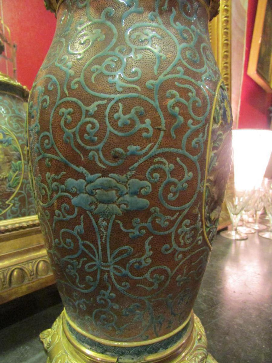 Grand Vase Japonais Fin XIXeme Monté Lampe Bronze Doré Decor Emaillé Lion -photo-3