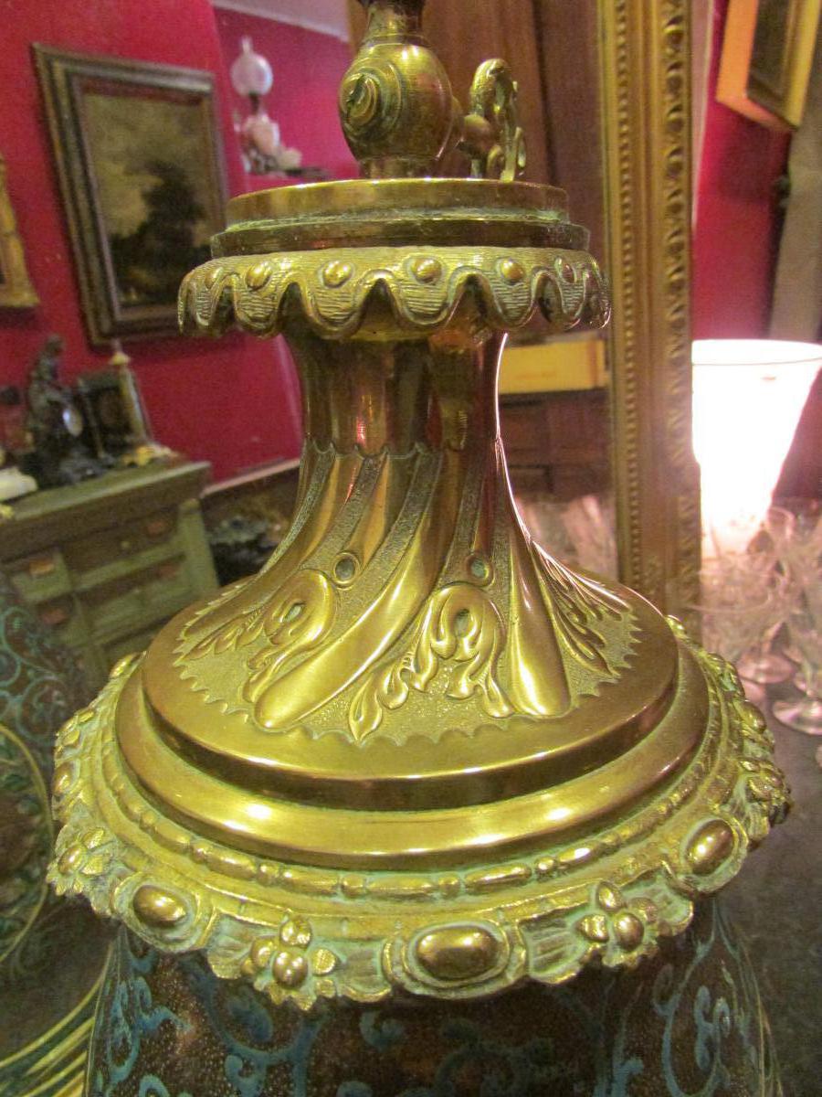 Grand Vase Japonais Fin XIXeme Monté Lampe Bronze Doré Decor Emaillé Lion -photo-1