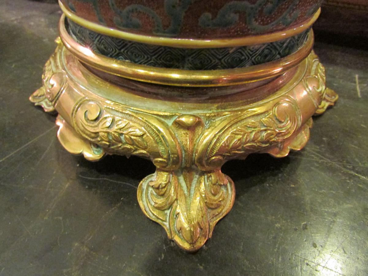 Grand Vase Japonais Fin XIXeme Monté Lampe Bronze Doré Decor Emaillé Lion -photo-2