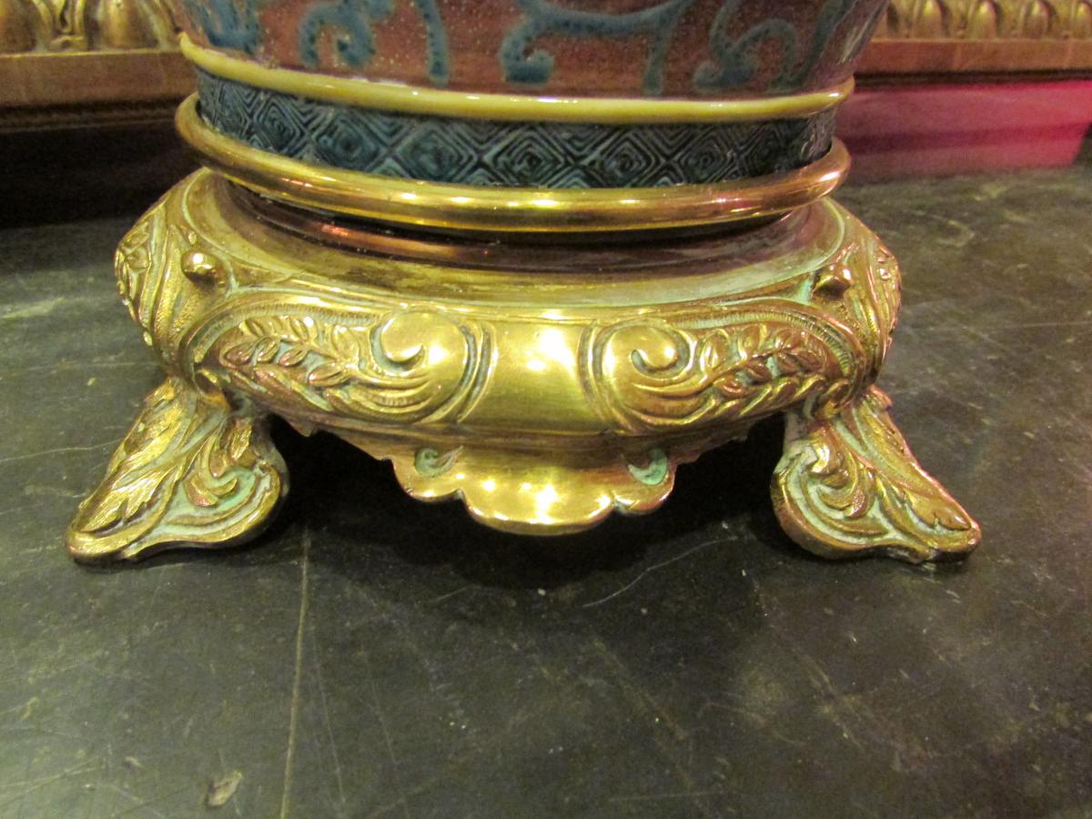 Grand Vase Japonais Fin XIXeme Monté Lampe Bronze Doré Decor Emaillé Lion -photo-3