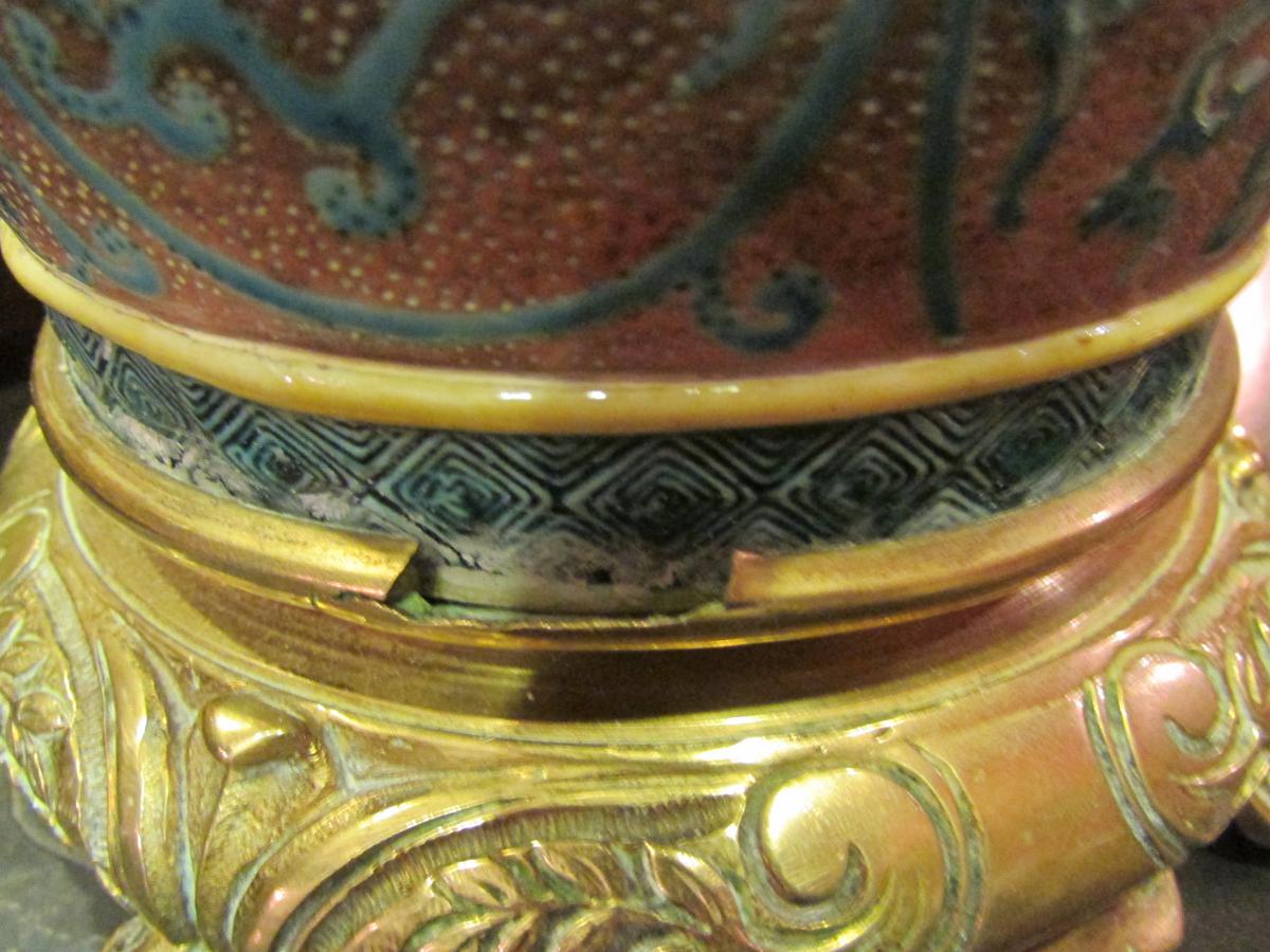 Grand Vase Japonais Fin XIXeme Monté Lampe Bronze Doré Decor Emaillé Lion -photo-4