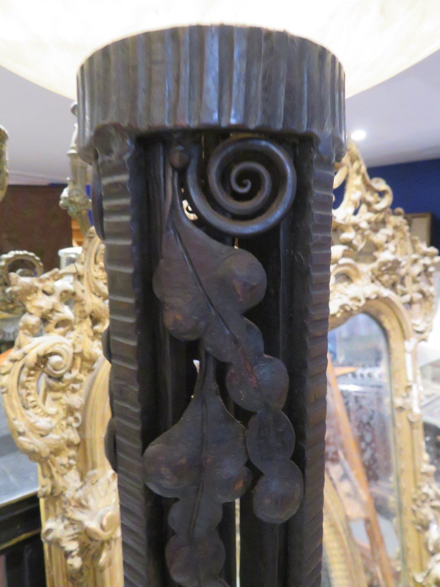 Old Large Art Deco Floor Lamp In Wrought Iron Epoque 1930 And Its Alabaster Vasque Lamp-photo-3