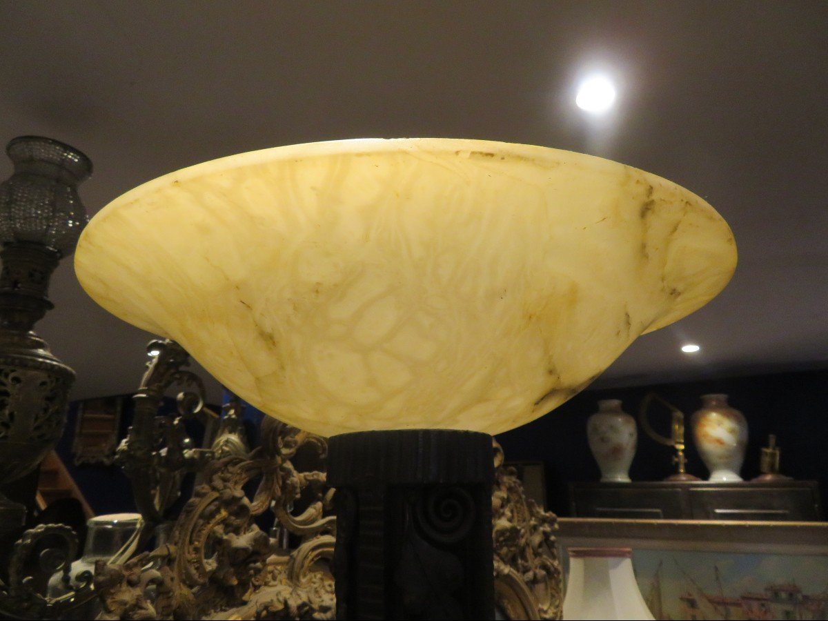 Old Large Art Deco Floor Lamp In Wrought Iron Epoque 1930 And Its Alabaster Vasque Lamp-photo-1