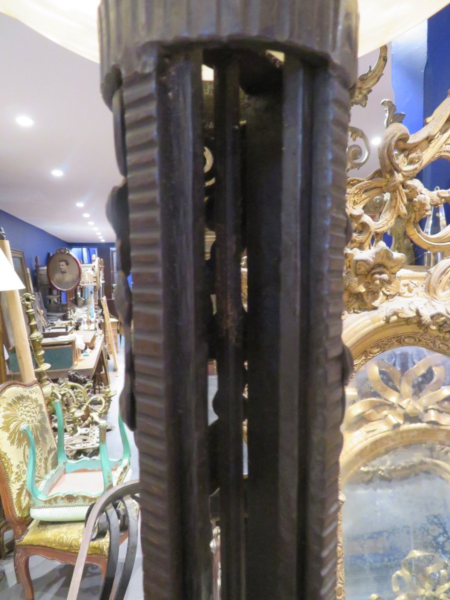 Old Large Art Deco Floor Lamp In Wrought Iron Epoque 1930 And Its Alabaster Vasque Lamp-photo-4