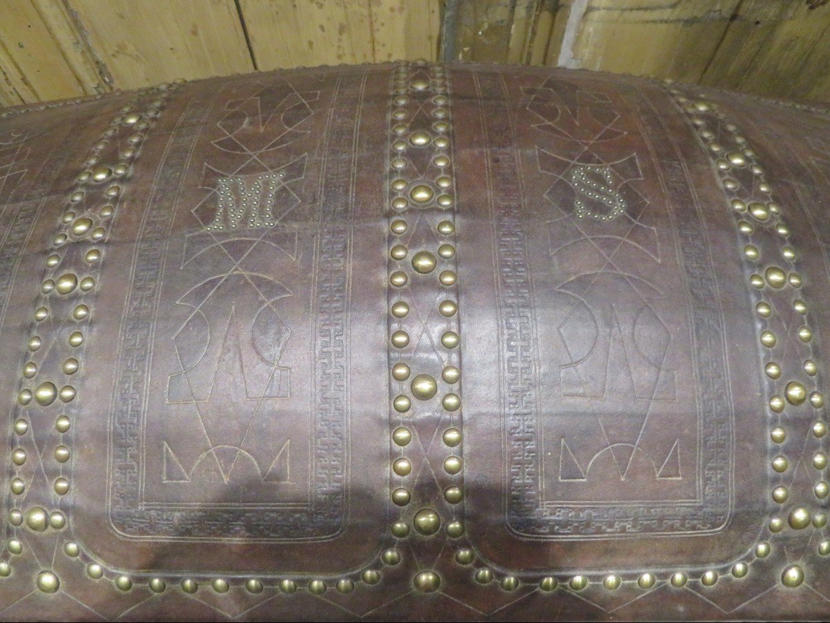 Large Old Trunk Navy Bombee Leather Studded Brass Epoque Nineteenth-photo-3