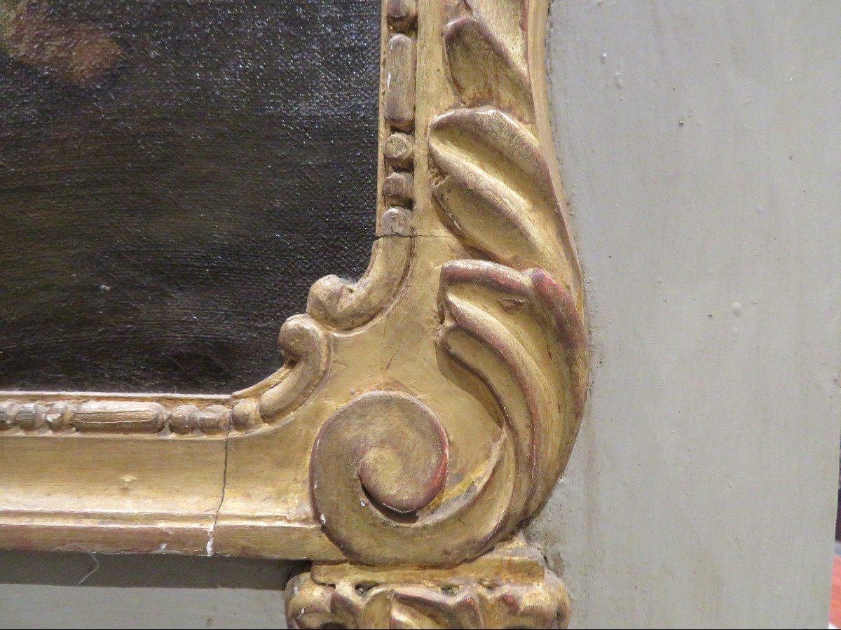 Ancien Trumeau Miroir De Cheminée Bois Laqué Et Doré  Epoque Fin XVIIIe Scene Galante Huile / T-photo-4