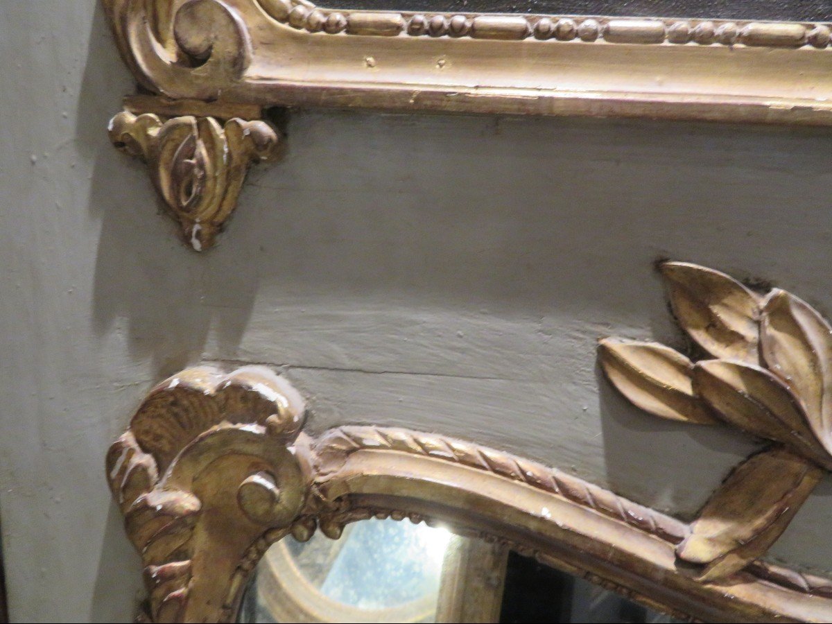 Ancien Trumeau Miroir De Cheminée Bois Laqué Et Doré  Epoque Fin XVIIIe Scene Galante Huile / T-photo-2