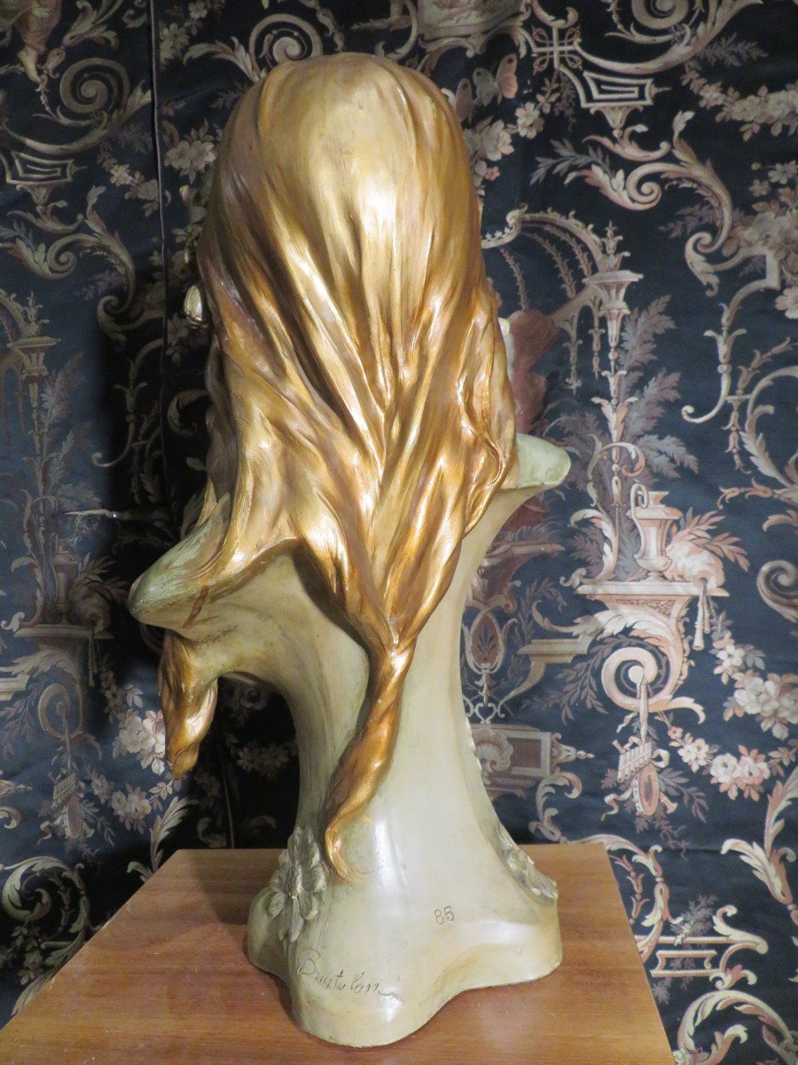 Large Bust Statue Of Elegant Art Nouveau In Terracotta 1900 Period Signed-photo-2