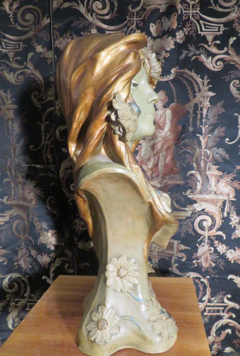 Large Bust Statue Of Elegant Art Nouveau In Terracotta 1900 Period Signed-photo-4