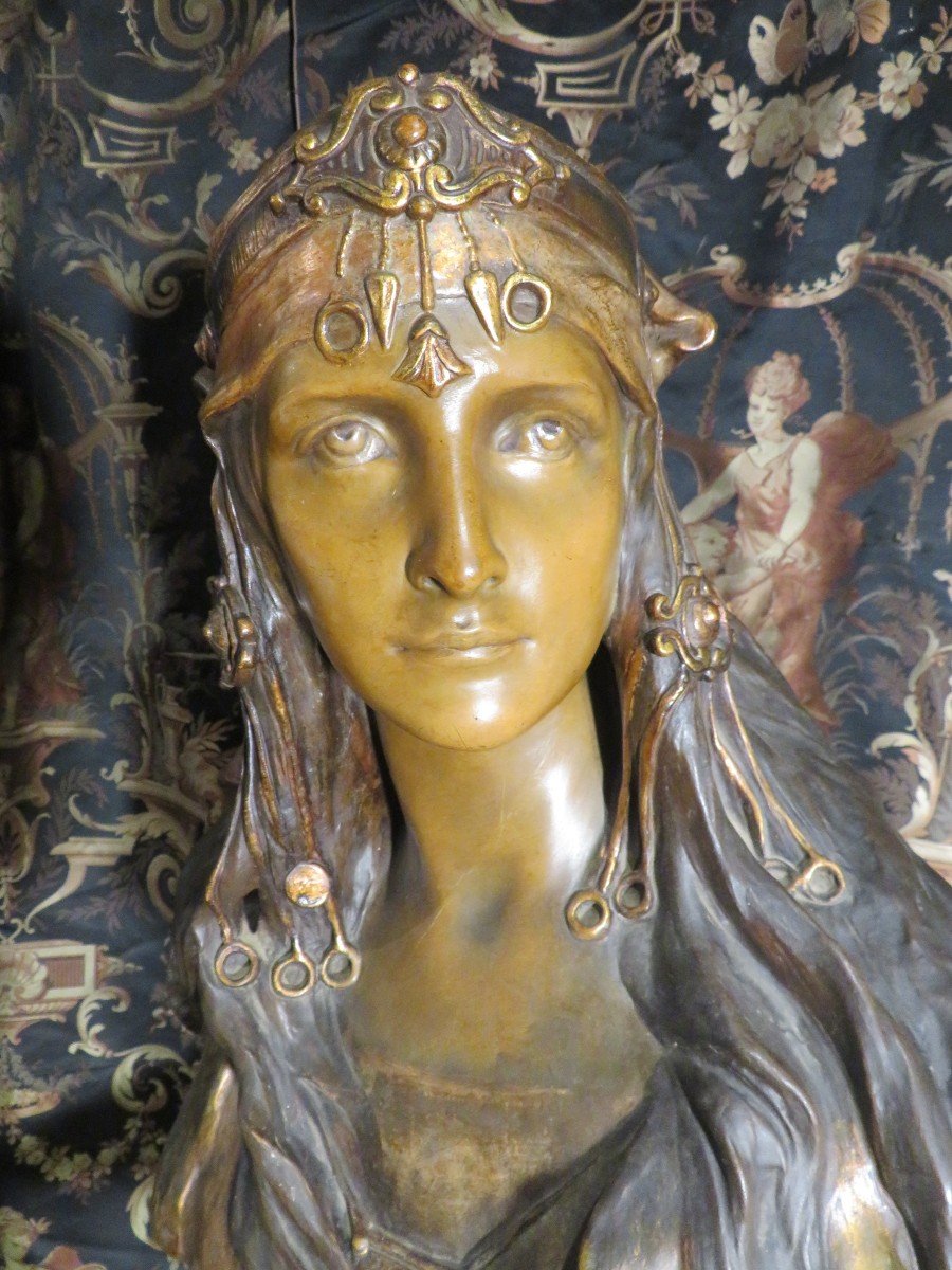 Large Statue Bust Goldscheider Art Nouveau Epoque 1900 Rebecca? Orientalist Terracotta-photo-2