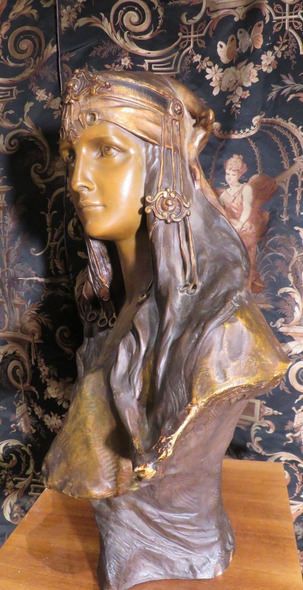 Grande Statue Buste Goldscheider Art Nouveau Epoque 1900 Rebecca ?  Terre Cuite orientaliste-photo-4