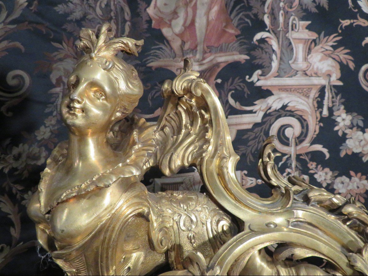 Rare Paire De Chenets Napoleon III XIXe Bronze Doré Par Bouhon Freres Syle Lxiv  Femme Sirène-photo-5