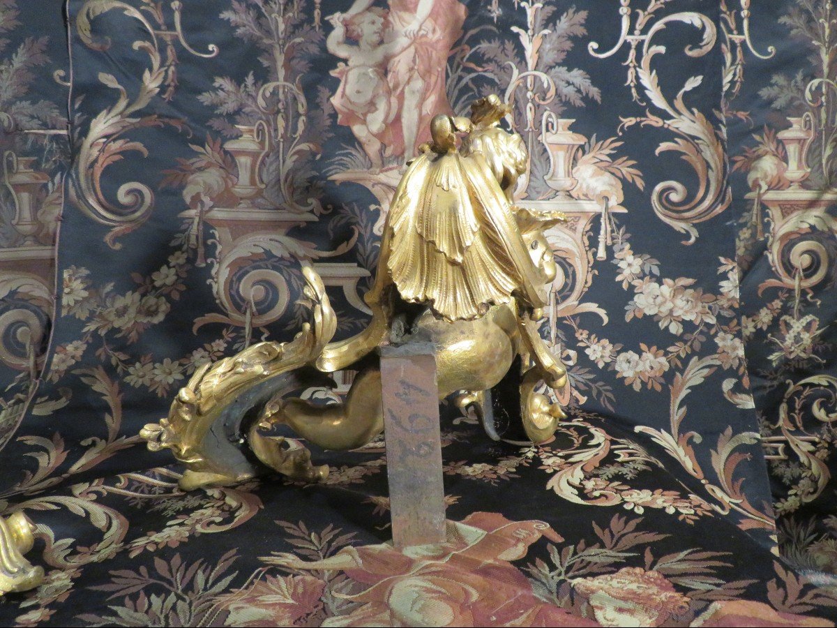 Rare Paire De Chenets Napoleon III XIXe Bronze Doré Par Bouhon Freres Syle Lxiv  Femme Sirène-photo-7