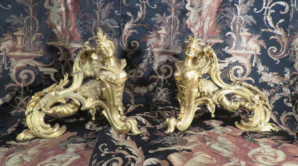 Rare Pair Of Andirons Napoleon III Nineteenth Gilt Bronze By Bouhon Freres Syle Lxiv Mermaid Woman